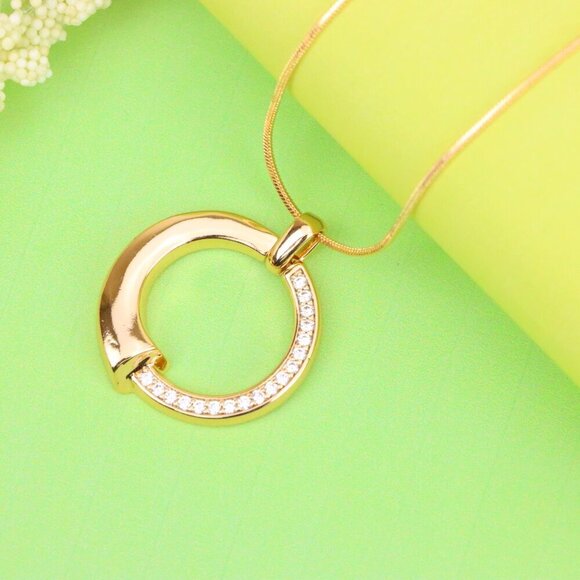 "Modern Rose Gold Circle Pendant with Half Crystal Accent Design, XPPT1256 - Picture 4 of 12